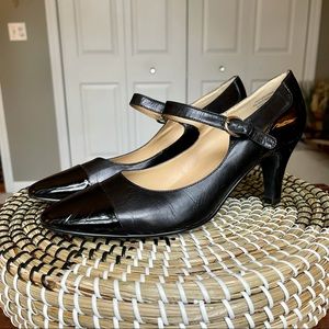 Patent Leather-Accent Mary Jane Heels